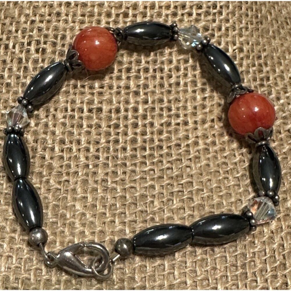 Hematite Breaded Bracelet Lobster Clasp Red Beads